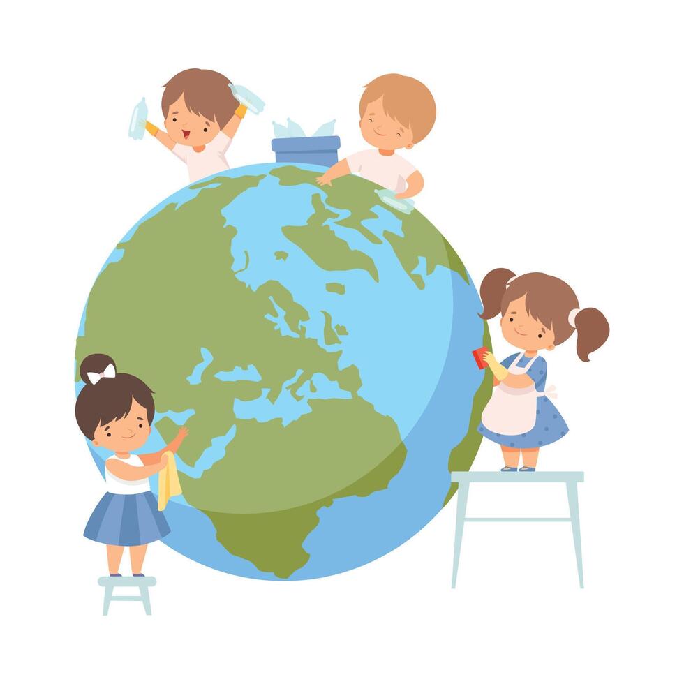 Kids Helping Save the World, Children Volunteers Cleaning the Earth Planet, Nature and Ecology Protection Concept Cartoon Style Illustration vector