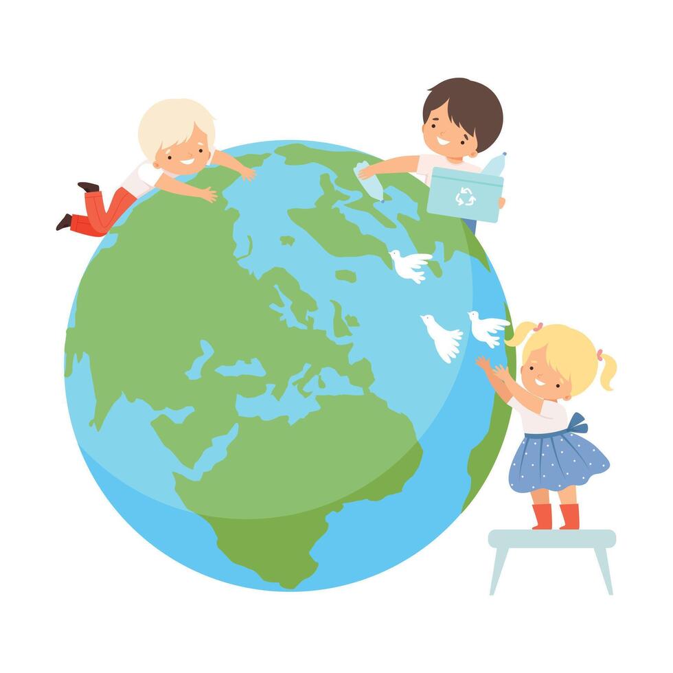 Kids Helping Save the World, Children Cleaning up Wastes on the Earth, Nature and Ecology Protection Concept Cartoon Style Illustration vector