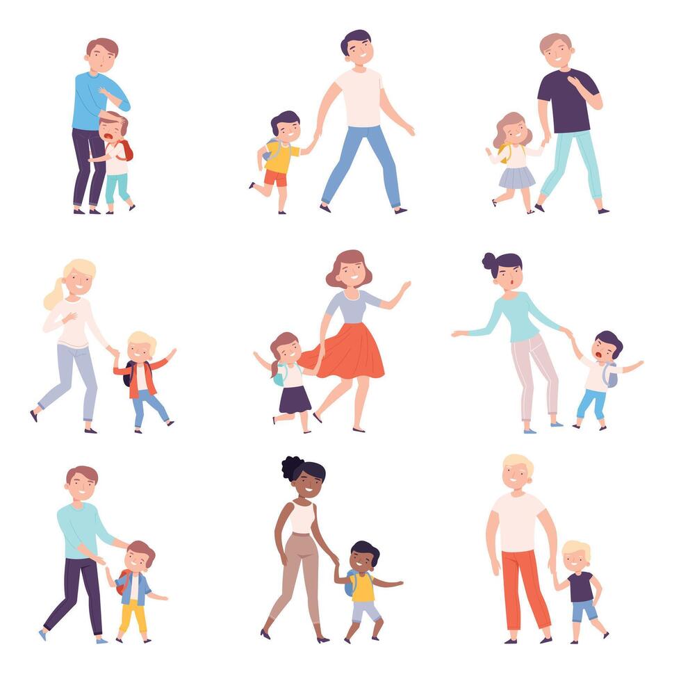 Parents Taking Their Children to Lessons Set, Parents Accompanying Their Kids to School or Kindergarten Cartoon Style Illustration vector