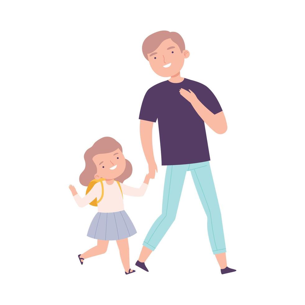Dad Taking his Daughter to School or Kindergarten in Morning, Happy Father Accompanying Kid to Lessons Cartoon Style Illustration vector