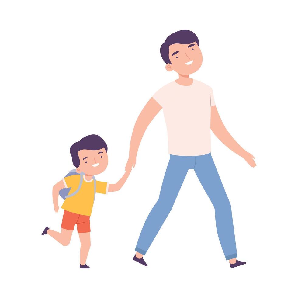Father Accompanying his Son to the School or Kindergarten, Parent and Kid Walking Together Holding Hands Cartoon Style Illustration vector