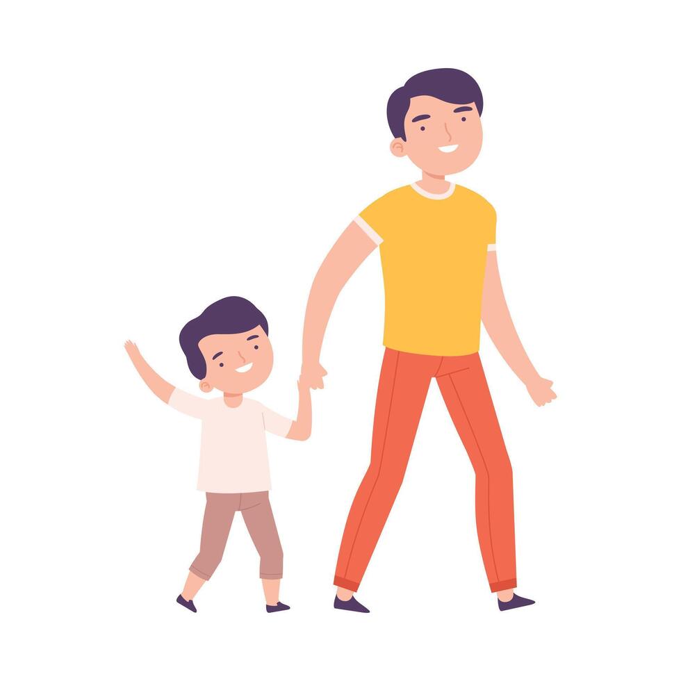 Father Accompanying his Son to the School or Kindergarten, Happy Dad and Kid Walking Together Holding Hands Cartoon Style Illustration vector