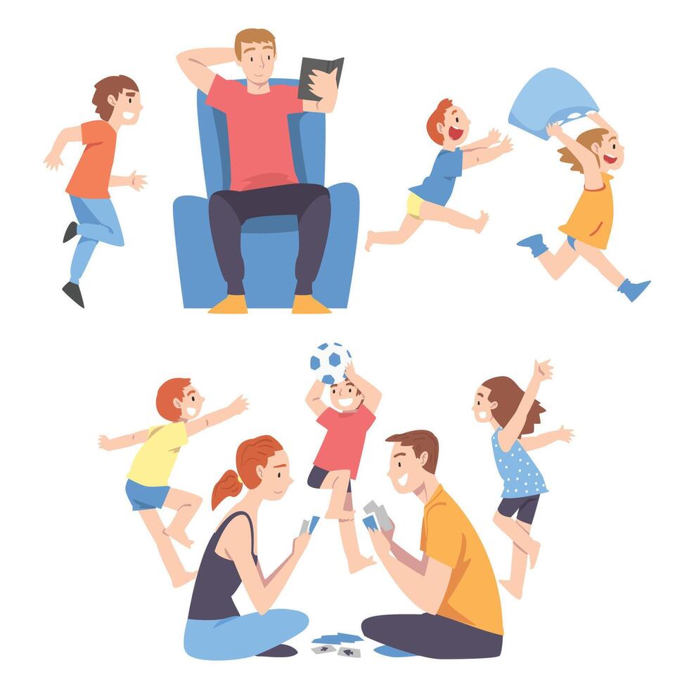 Calm Parents and Mischievous Children Running around Them Set, Father and Mother Playing Board Game and Relaxing among Running Naughty Kids Cartoon Style Illustration vector