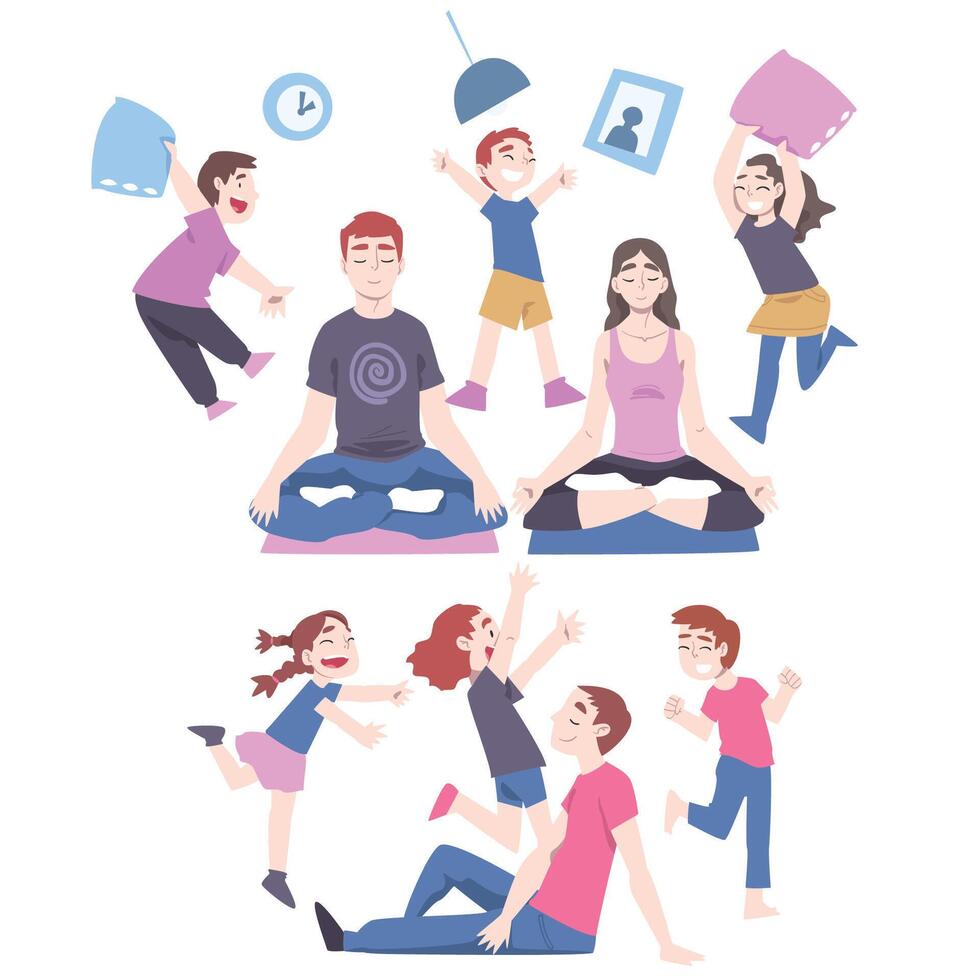 Calm Parents and Mischievous Children Running around Them Set, Father and Mother Meditating among Running Naughty Kids Cartoon Style Illustration vector