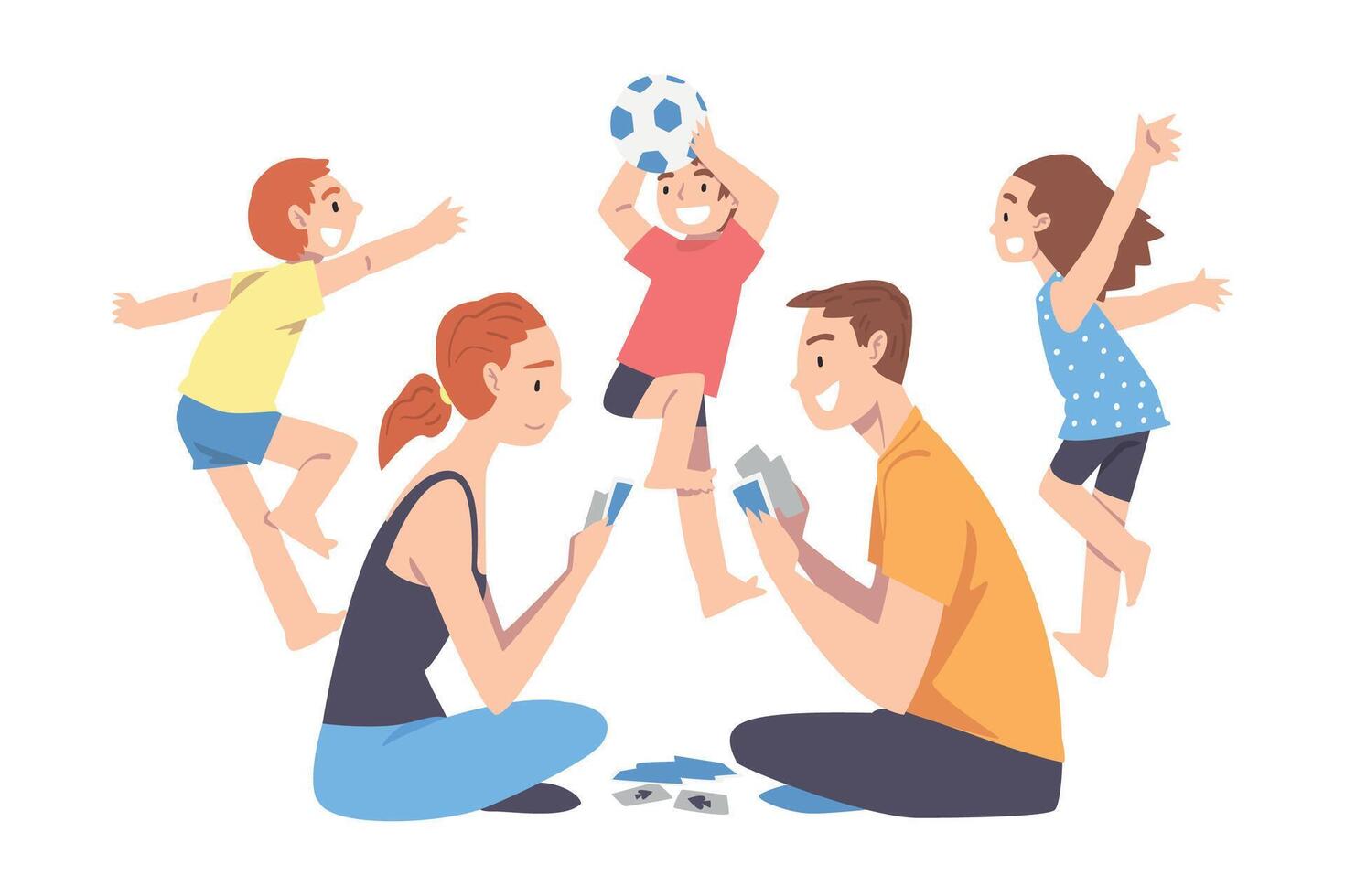 Calm Parents and Mischievous Children, Father and Mother Playing Board Game among Running Naughty Kids Cartoon Style Illustration vector