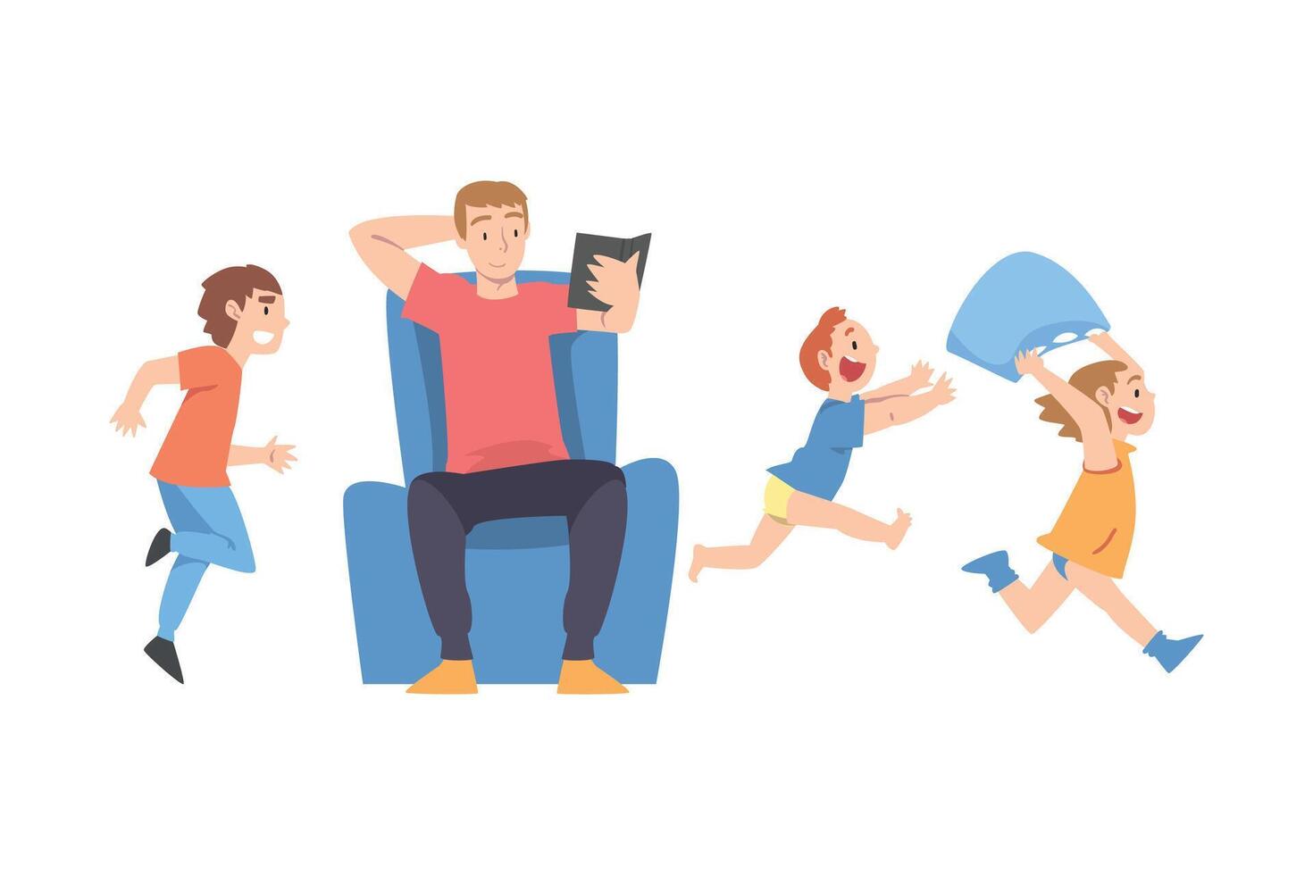 Calm Parent and Mischievous Children Running around him, Dad Reading Book among Running Naughty Kids Cartoon Style Illustration vector