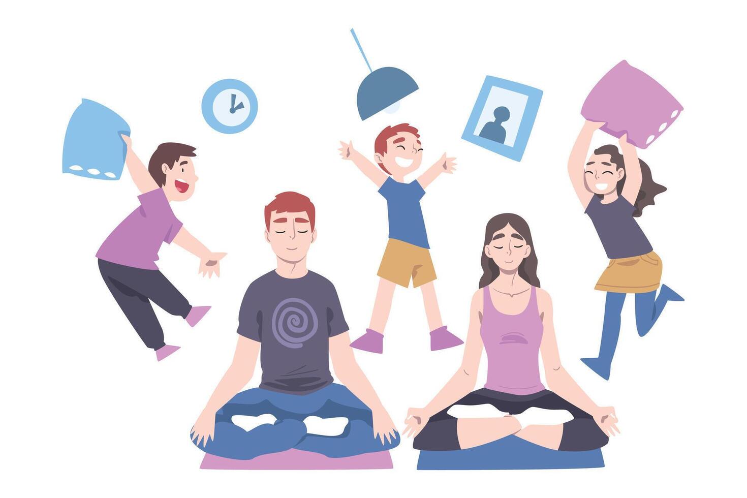 Calm Parents and Mischievous Children, Father and Mother Doing Yoga and Meditating among Running Naughty Kids Cartoon Style Illustration vector