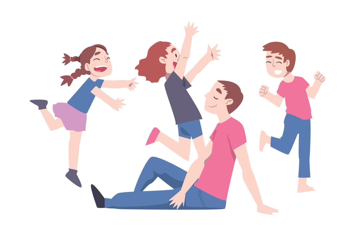 Calm Father and Mischievous Children, Calm Dad Relaxing among Running Naughty Kids Cartoon Style Illustration vector