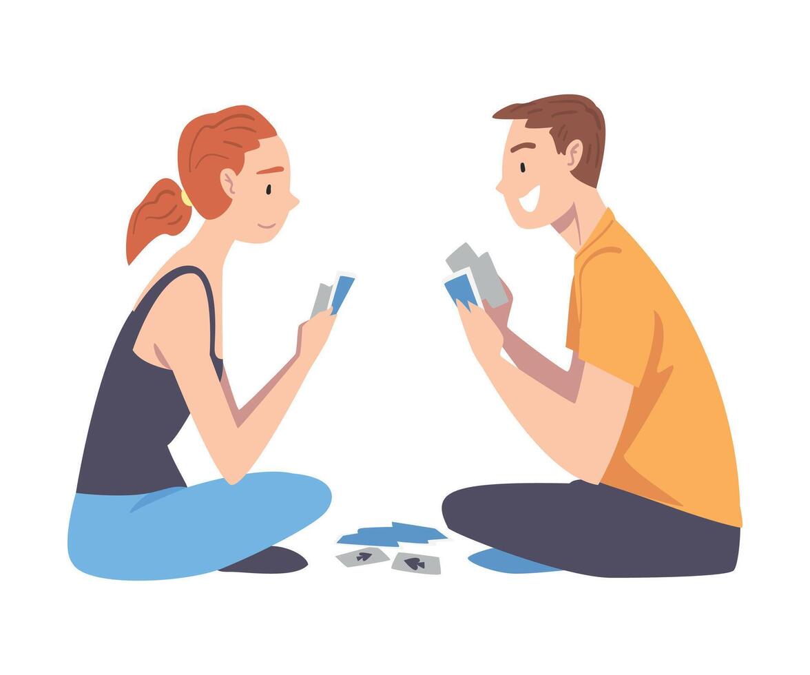 Happy Family Playing Board Game, Young Couple Relaxing at Gome Cartoon Style Illustration vector