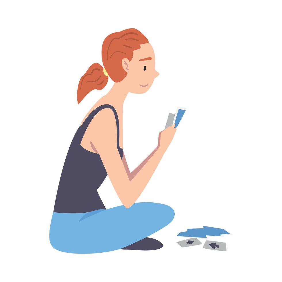 Young Woman Sitting on Floor Playing Board Game, Girl Relaxing at Home Cartoon Style Illustration vector