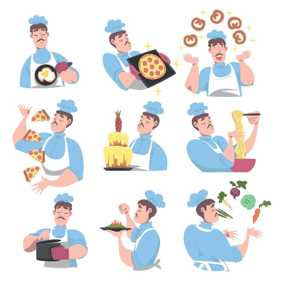 Chef Cooking in the Kitchen Set, Cook Character in Hat and Apron Cooking, Baking and Serving Delicious Dishes Cartoon Style Illustration vector