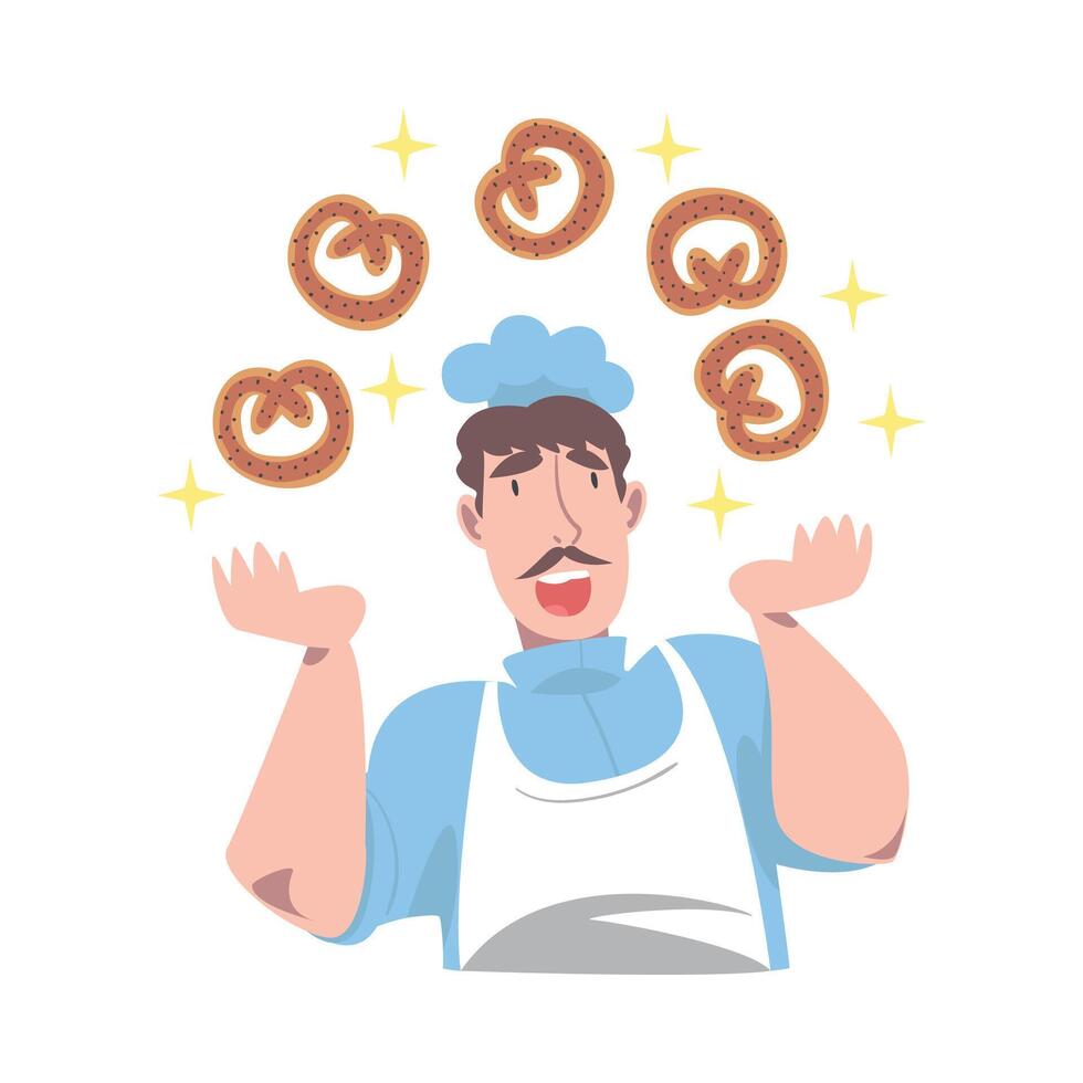 Chef Juggling with Bagels, Cook Character in Hat and Apron Cooking in the Kitchen Cartoon Style Illustration vector