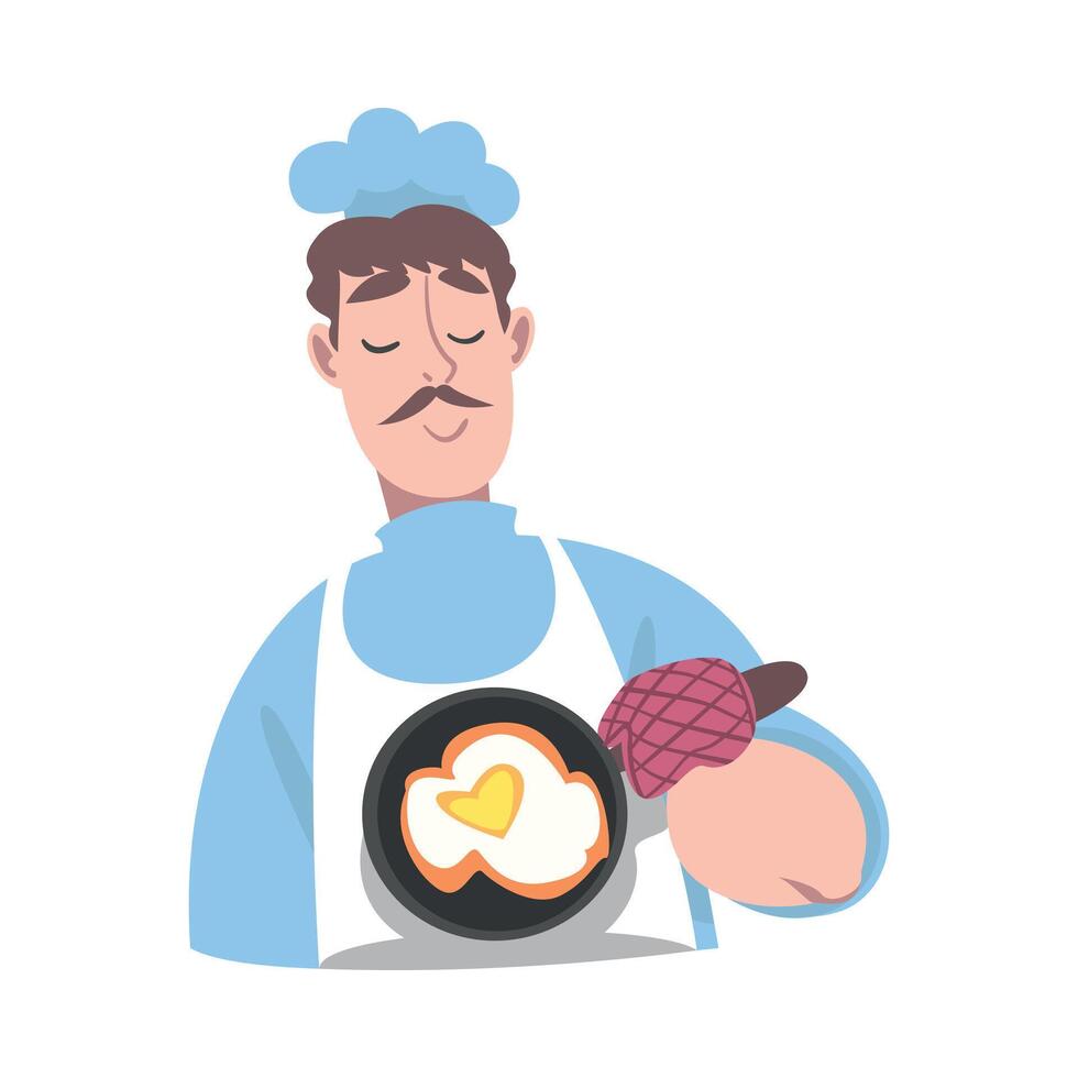 Chef Frying Eggs on Pan, Cook Character in Hat and Apron Cooking in the Kitchen Cartoon Style Illustration vector