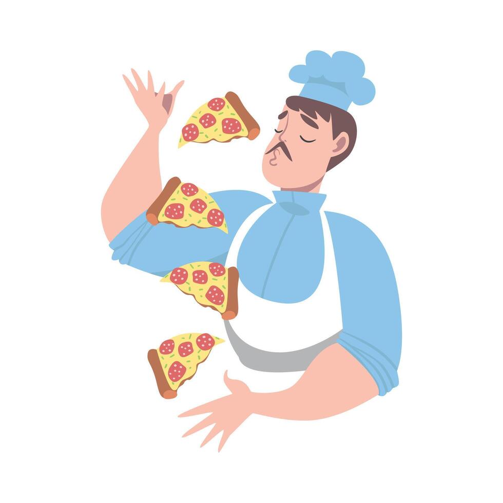 Chef Juggling with Pieces of Tasty Pizza, Pizza Maker Character in Hat and Apron Cooking in the Kitchen Cartoon Style Illustration vector