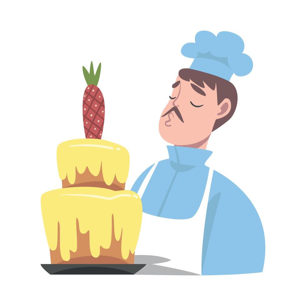 Chef With Delicious Cake, Cook Character in Hat and Apron Cooking Sweet Dessert in the Kitchen Cartoon Style Illustration vector