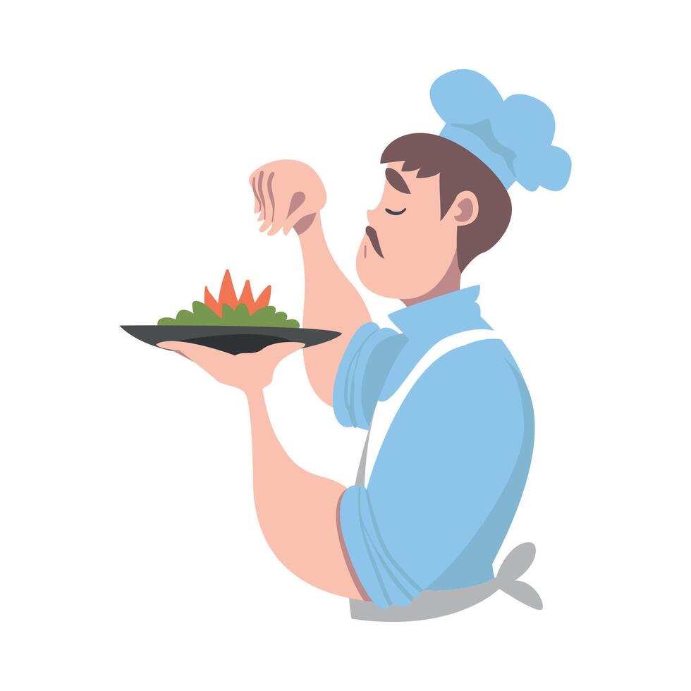 Chef Serving Dish on Plate, Cook Character in Hat and Apron Cooking in the Kitchen Cartoon Style Illustration vector