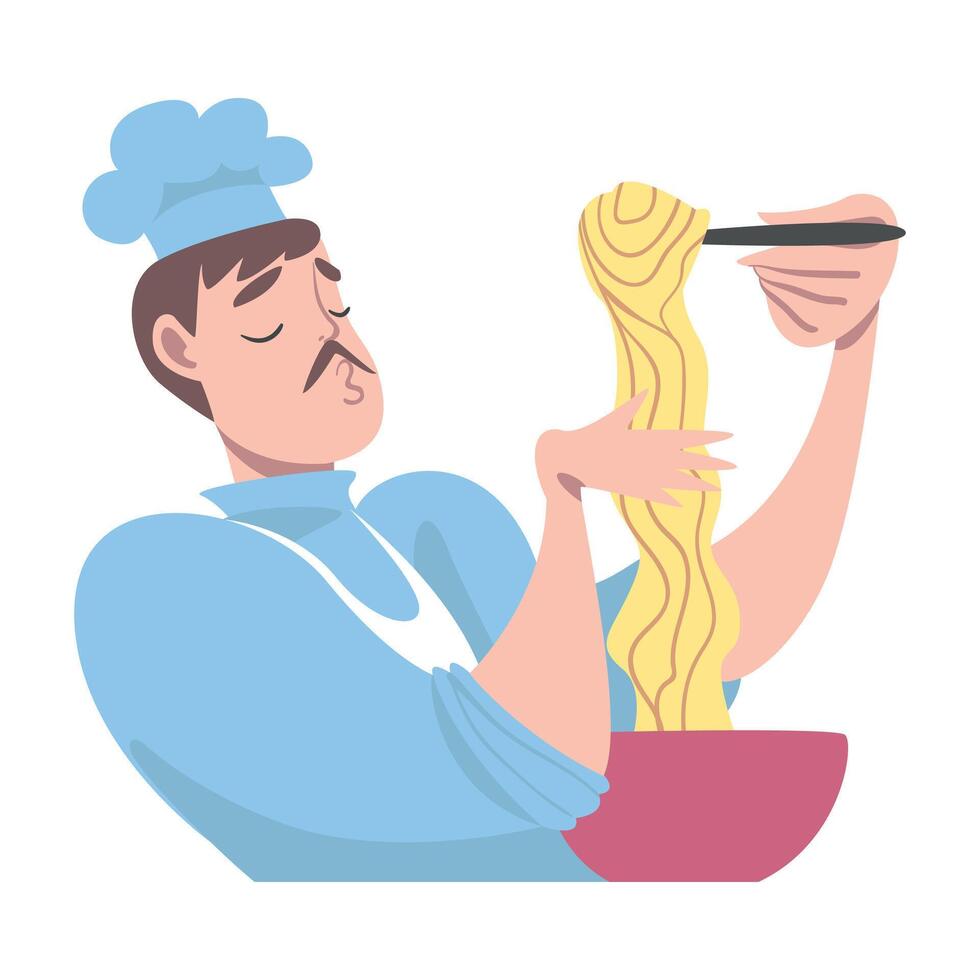 Chef Whipping Dough, Cook Character in Hat and Apron Cooking in the Kitchen Cartoon Style Illustration vector