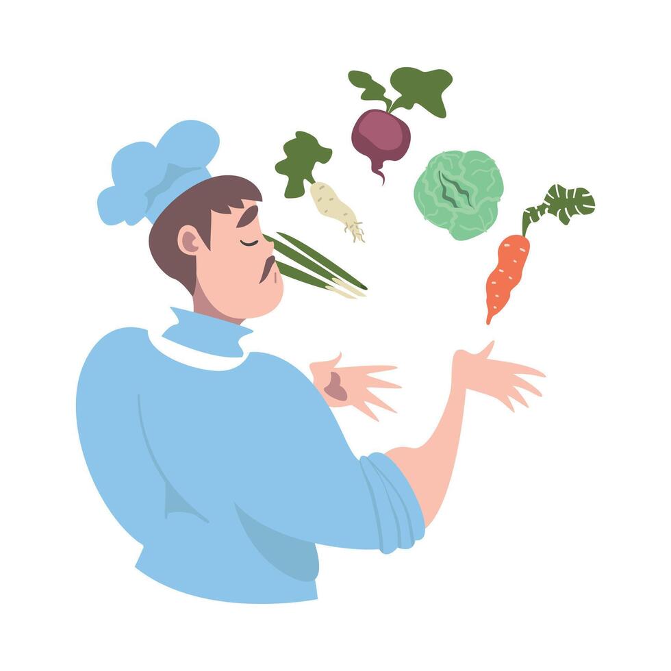 Chef Juggling with Fresh Vegetables, Cook Character in Hat and Apron Cooking in the Kitchen Cartoon Style Illustration vector