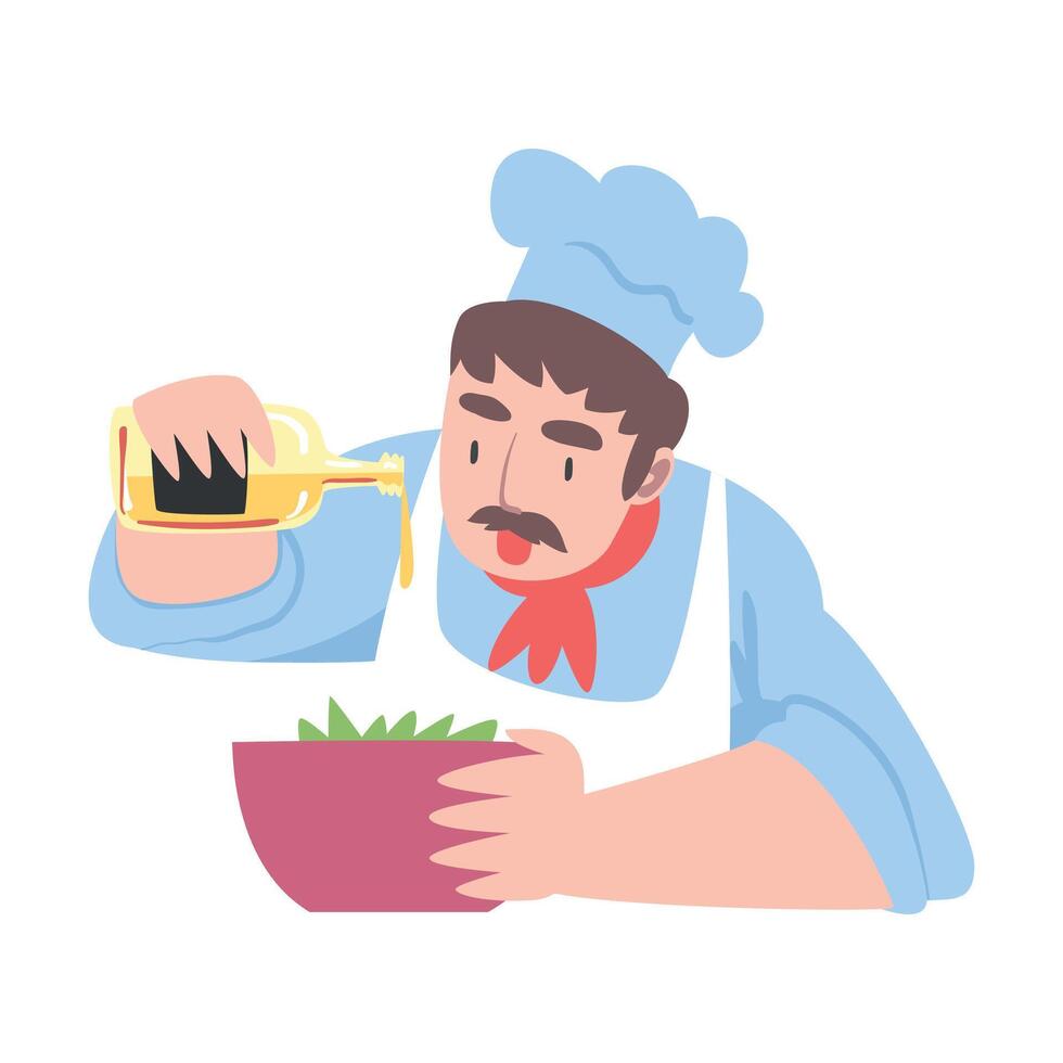 Chef Cooking Salad, Cook Character in Hat and Apron Cooking in the Kitchen Cartoon Style Illustration vector