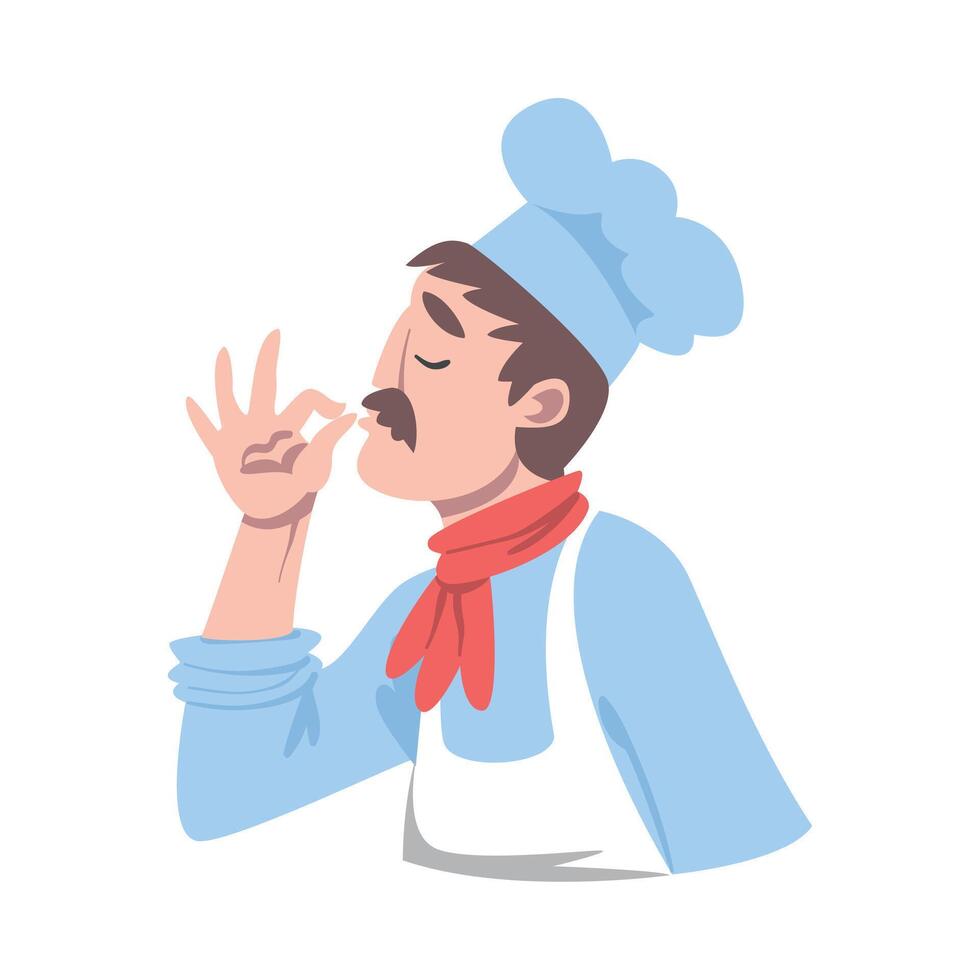 Chef Tasting Delicious Dish, Cook Character in Hat and Apron Cooking in the Kitchen Cartoon Style Illustration vector
