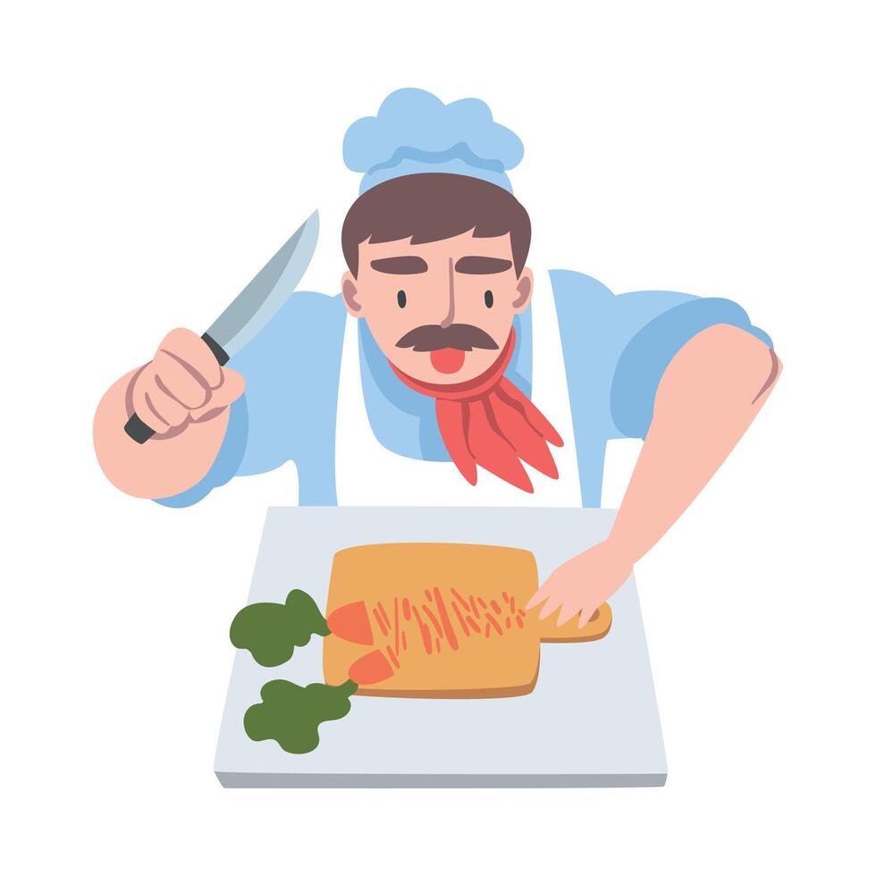 Chef Cutting Carrot on Wooden Board, Cook Character in Hat and Apron Cooking in the Kitchen Cartoon Style Illustration vector
