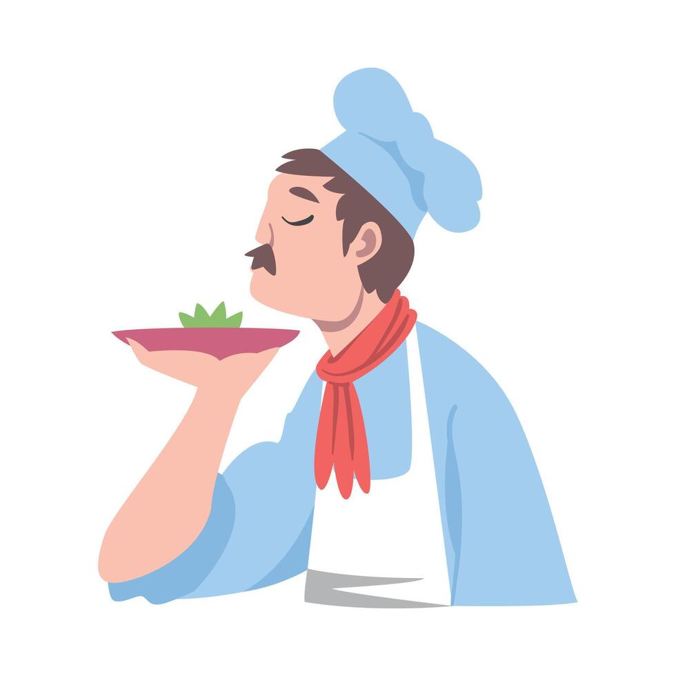 Chef Smelling Delicious Dish, Cook Character in Hat and Apron Cooking in the Kitchen Cartoon Style Illustration vector