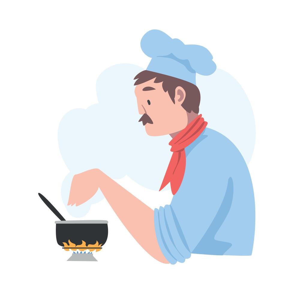 Chef Cooking Dish on Fire, Cook Character in Hat and Apron Cooking in the Kitchen Cartoon Style Illustration vector
