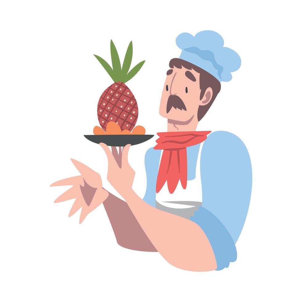 Chef Holding Tray with Delicious Dish, Cook Character in Hat and Apron Cooking in the Kitchen Cartoon Style Illustration vector