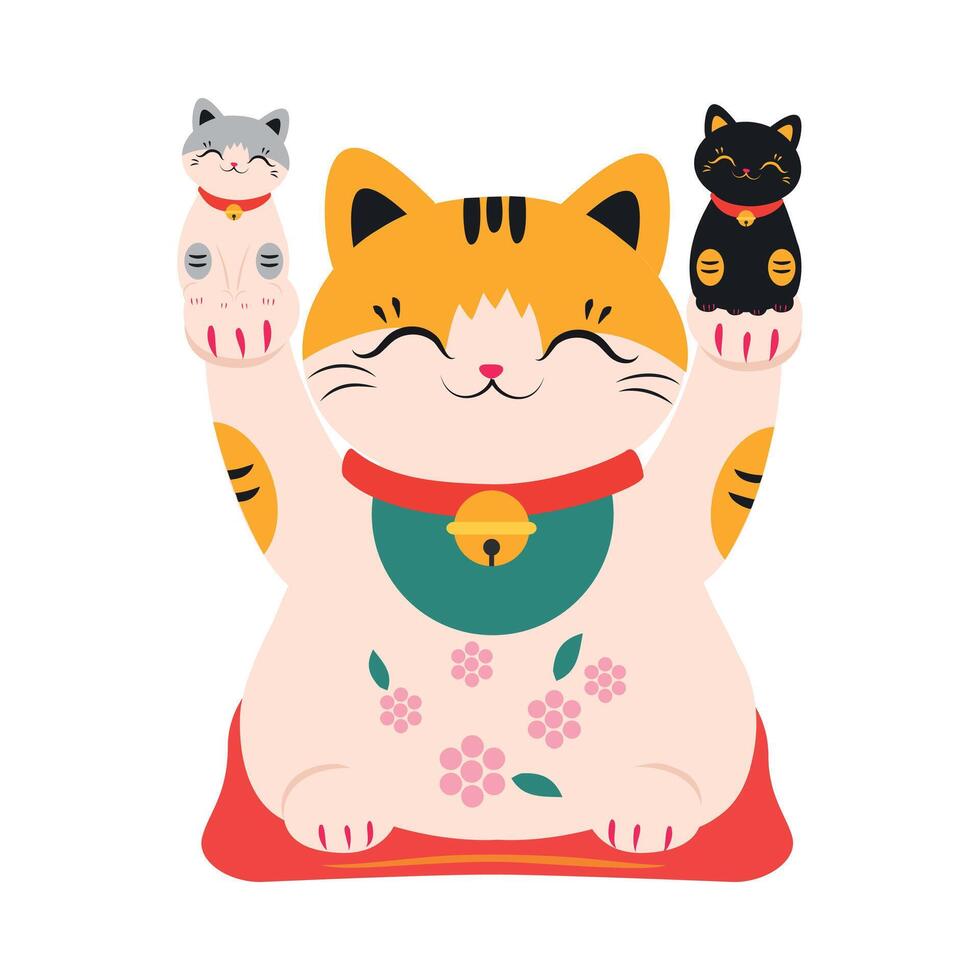 Japanese Maneki Neko with Kittens in its Paws, Japanese Traditional White Lucky Cat Doll Cartoon Style Illustration vector