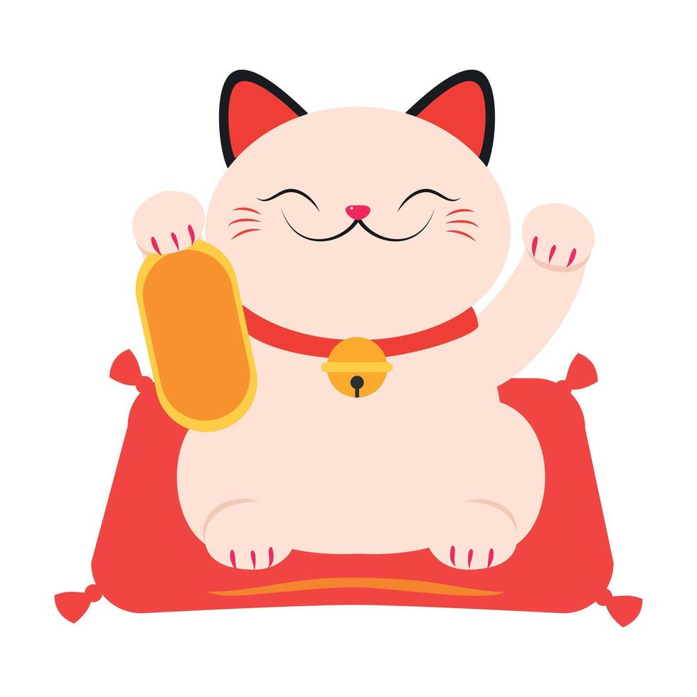 Japanese Maneki Neko, Japanese Traditional White Lucky White Cat Doll Cartoon Style Illustration vector