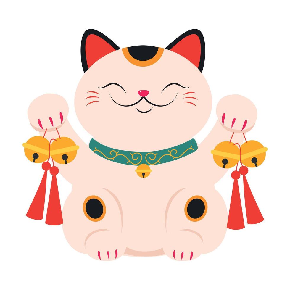 Japanese Maneki Neko with Traditional Golden Bells, Japanese Symbol of Good Luck and Wealth Cartoon Style Illustration vector