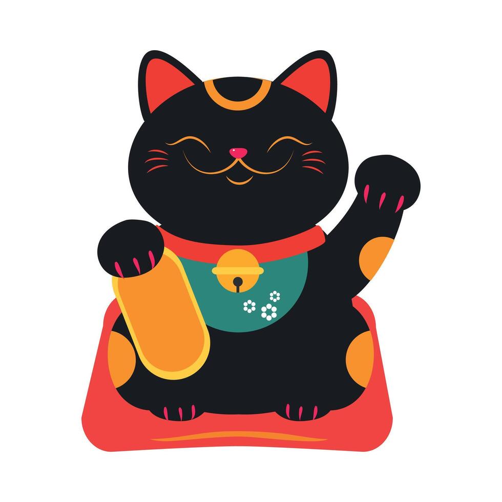Japanese Maneki Neko, Japanese Traditional Black Lucky Cat Doll Cartoon Style Illustration vector
