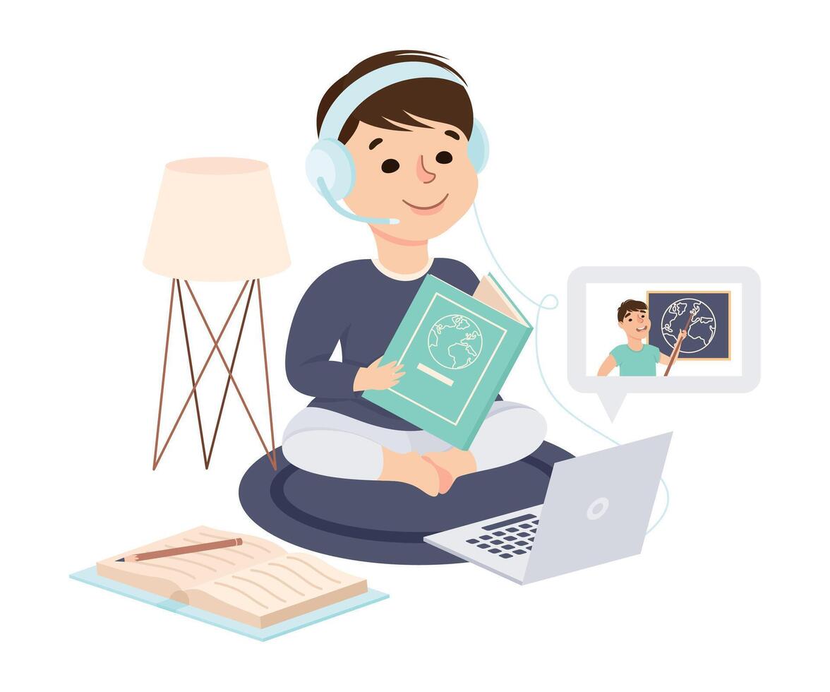 Boy Sitting on Floor and Read Textbook, Kid Desk Studying Online Using Computer, Homeschooling, Distance Learning Concept Cartoon Style Illustration vector