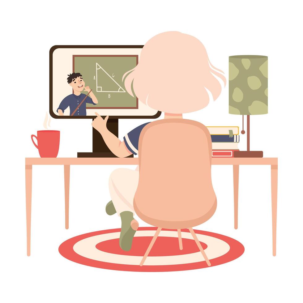 Back View of Girl Sitting at her Desk, Kid Studying Online Using Computer, Homeschooling, Distance Learning Concept Cartoon Style Illustration vector