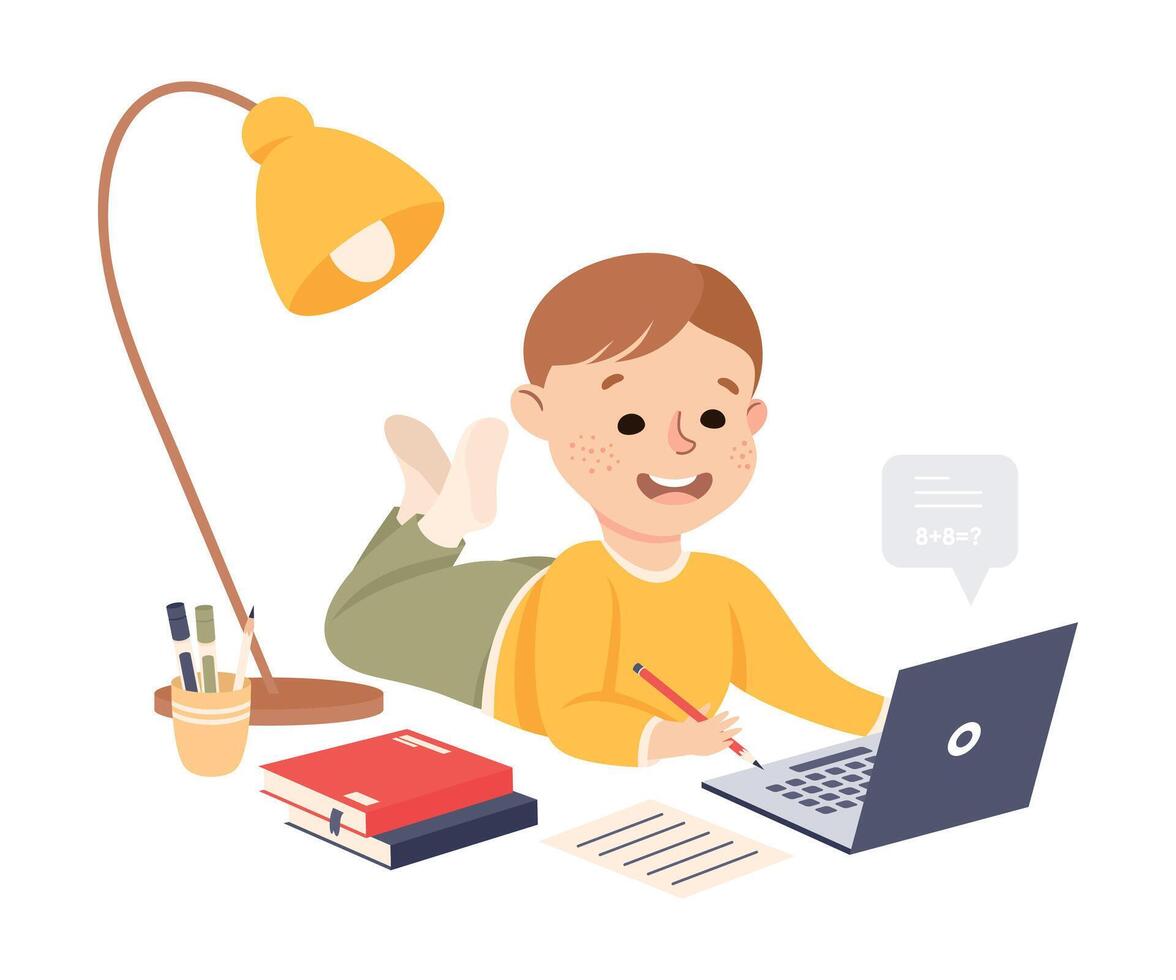 Elementary School Student Boy Studying Online Using Laptop Computer, Homeschooling, Distance Learning Concept Cartoon Style Illustration vector