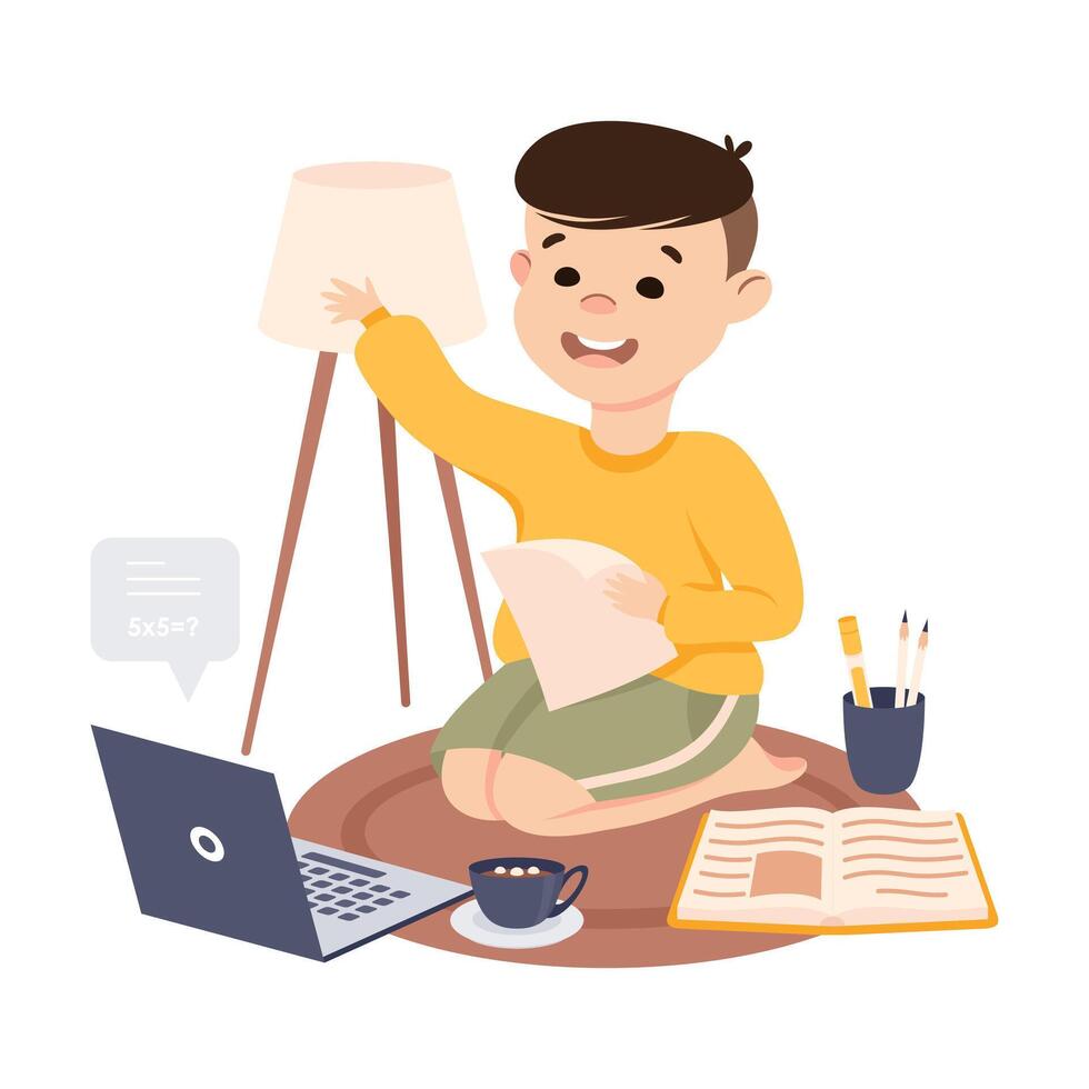 Boy Having Online Lesson, Homeschooling, Distance Learning Concept Cartoon Style Illustration vector
