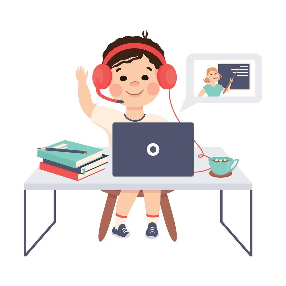 Boy in Headphones Studying Online Using Computer and Raising His Hand to Answer, Distance Lesson, Homeschooling Concept Cartoon Style Illustration vector