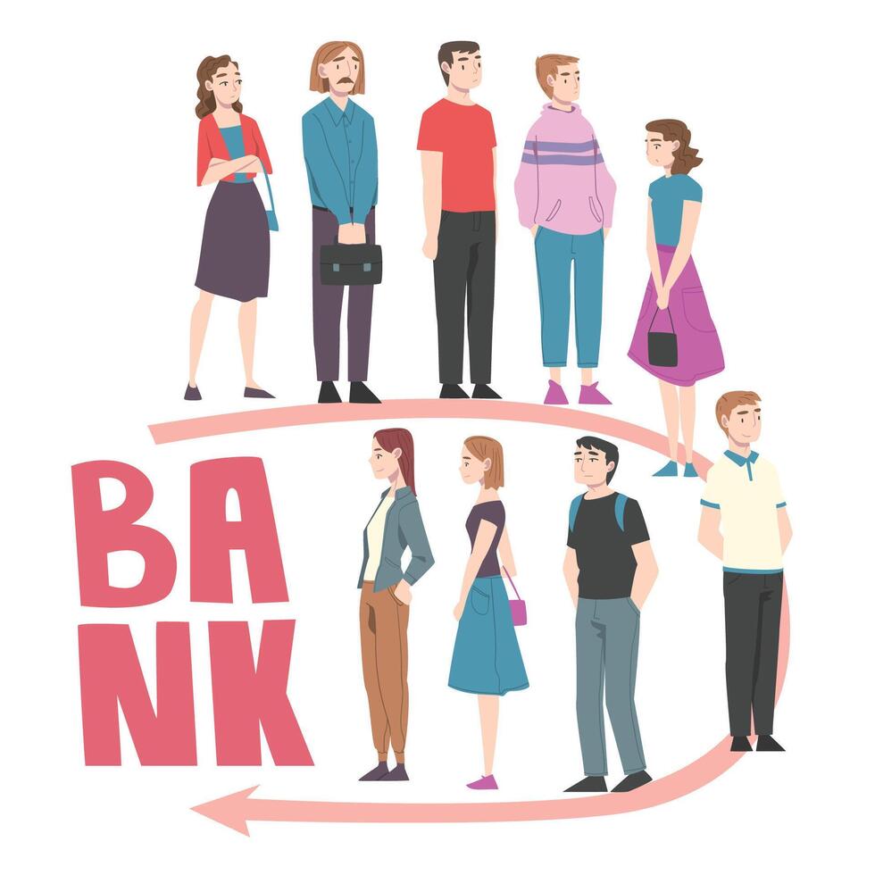 Queue of Various People, Men and Women Waiting in Line at Bank Cartoon Style Illustration vector