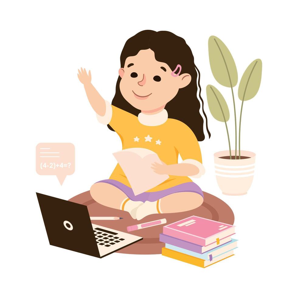 Little Girl Studying from home via Teleconference and Raising Her Hand to Answer, Homeschooling, Distance Learning Concept Cartoon Style Illustration vector