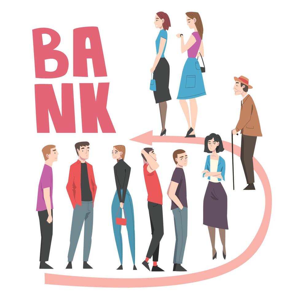 Queue of People, Men and Women Waiting Standing in Line at Bank Cartoon Style Illustration vector