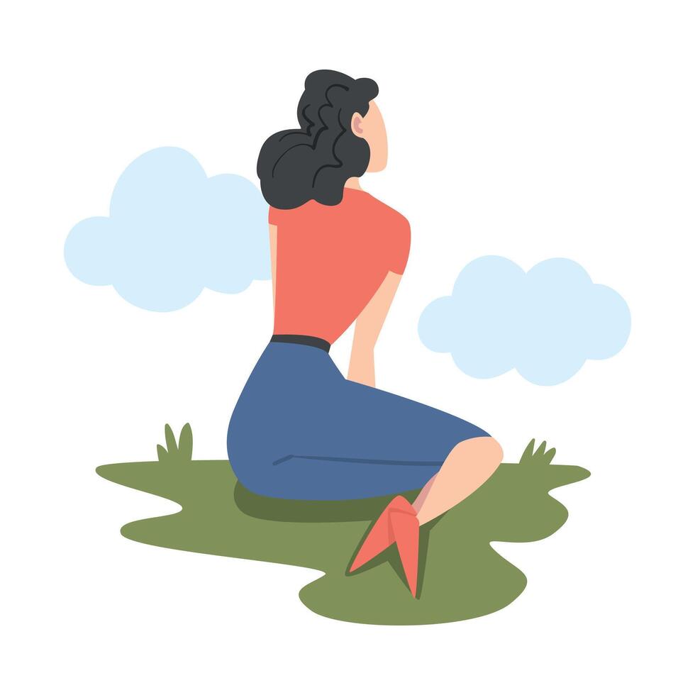 Woman Character Sitting on Grass and Looking Ahead as into Bright Future Illustration vector