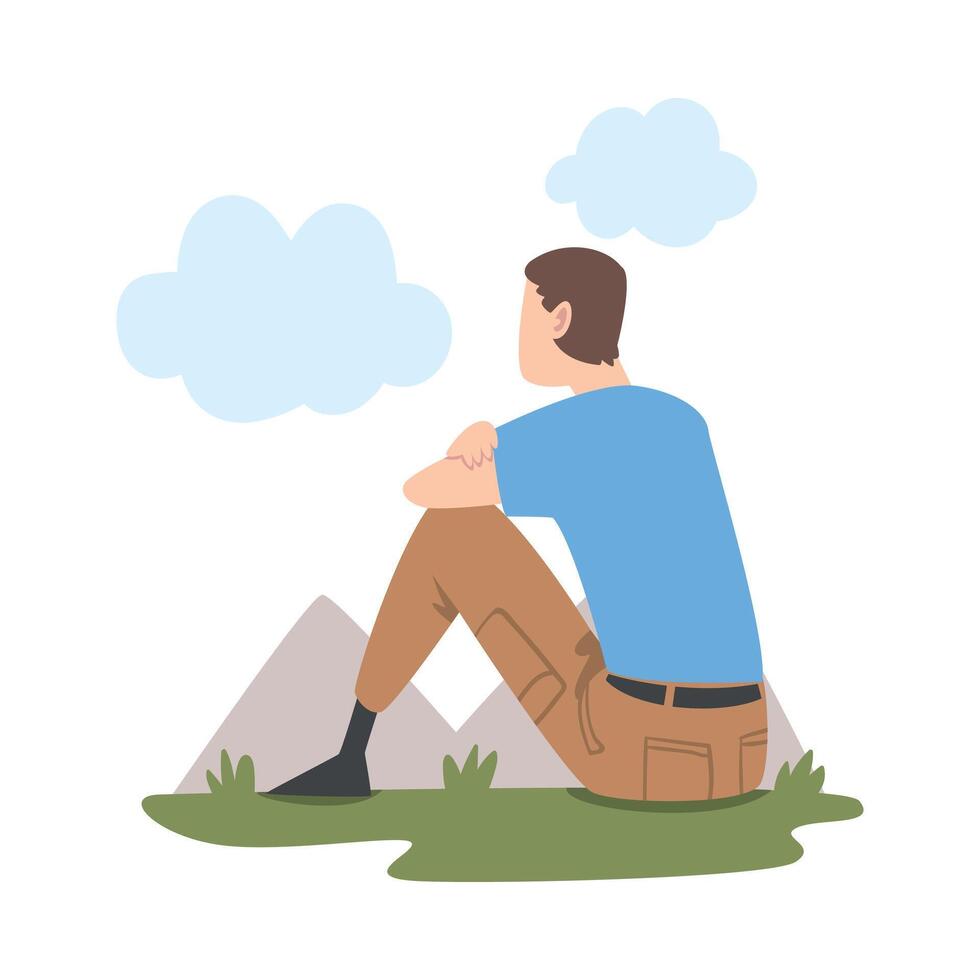 Man Character Sitting and Looking Ahead as into Bright Future Illustration vector