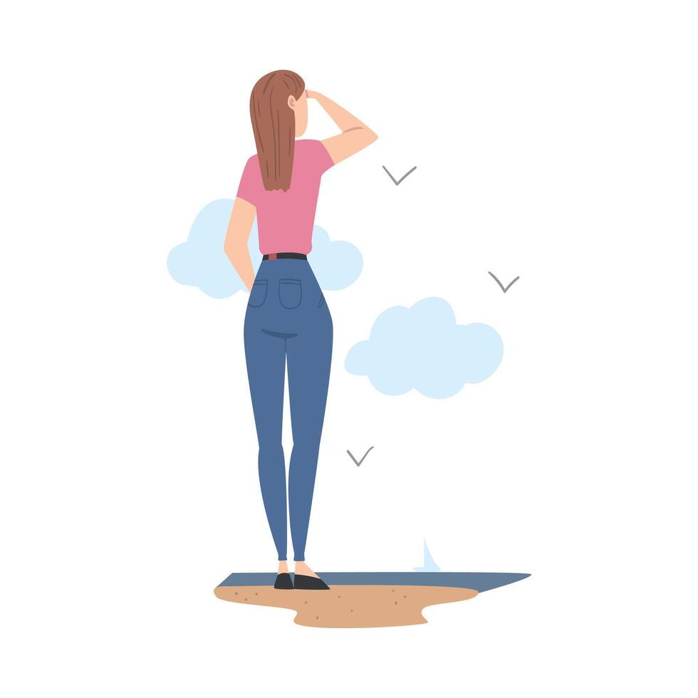 Woman Character Standing at Sea Shore and Looking Ahead as into Bright Future Illustration vector