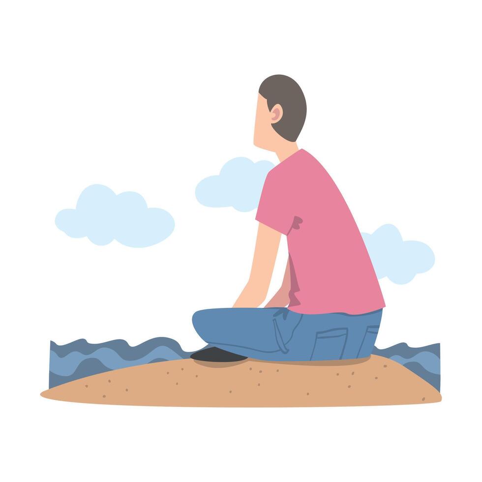 Man Character Sitting at Shore and Looking Ahead as into Bright Future Illustration vector