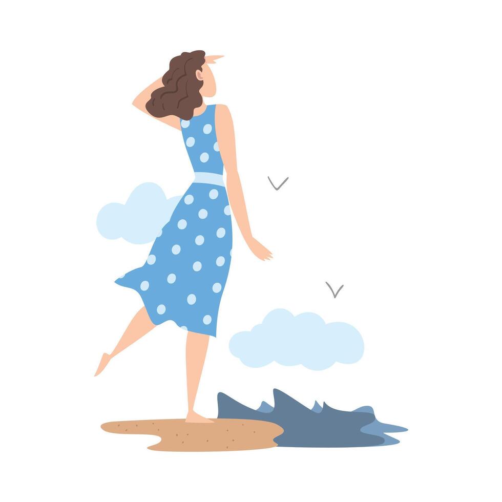 Standing at Sea Shore Female Looking Ahead as into Bright Future Illustration vector