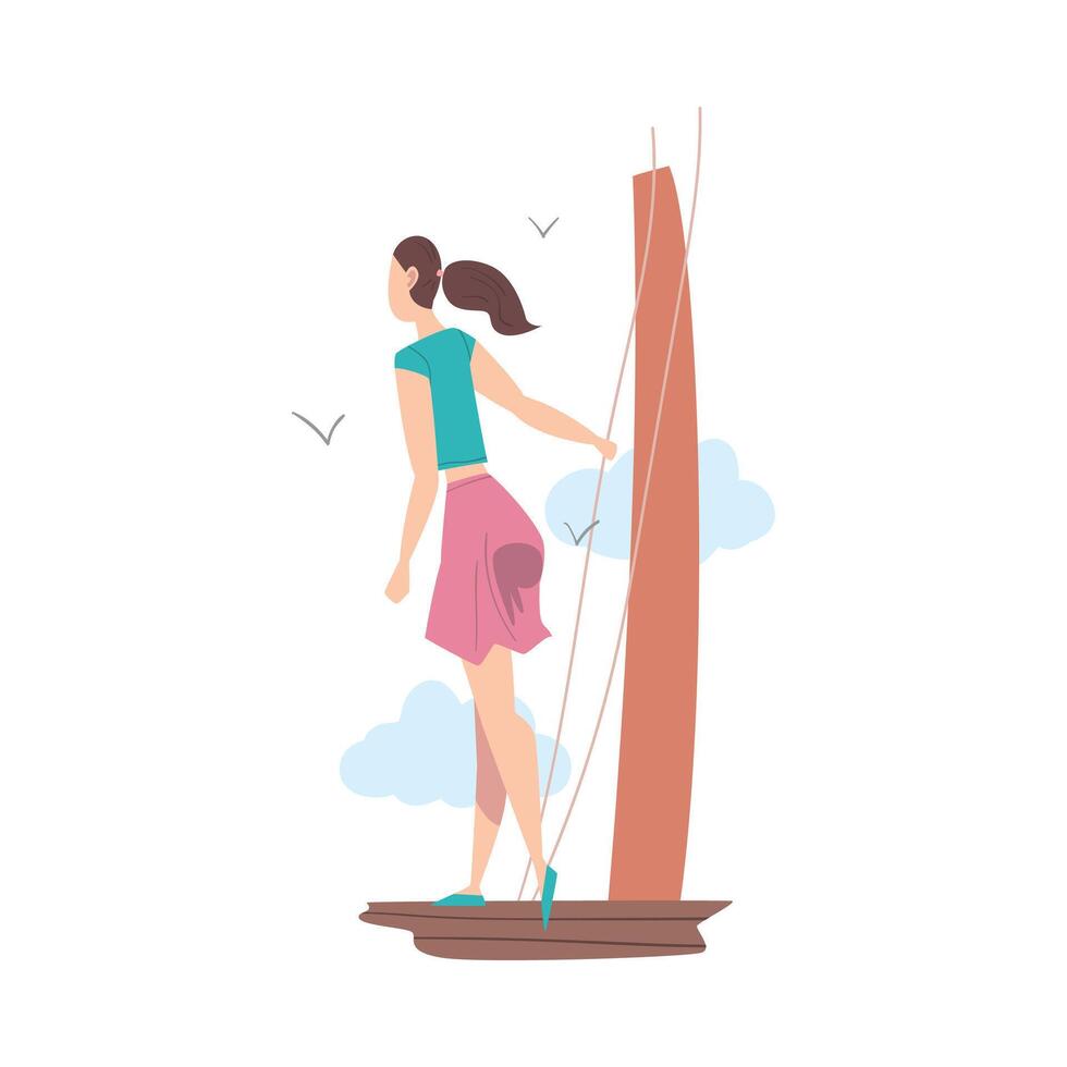 Standing at Deck Girl Looking Ahead as into Bright Future Illustration vector