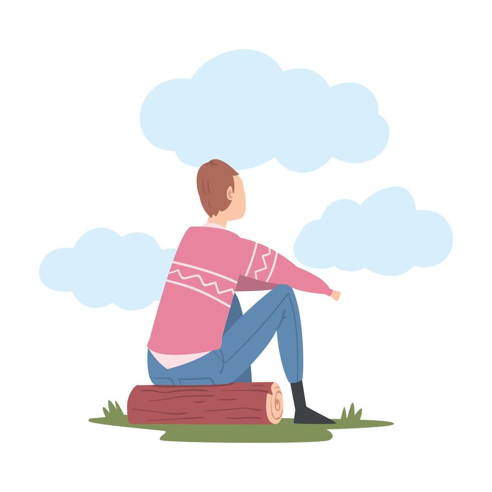 Sitting at Log Male Looking Ahead as into Bright Future Illustration vector