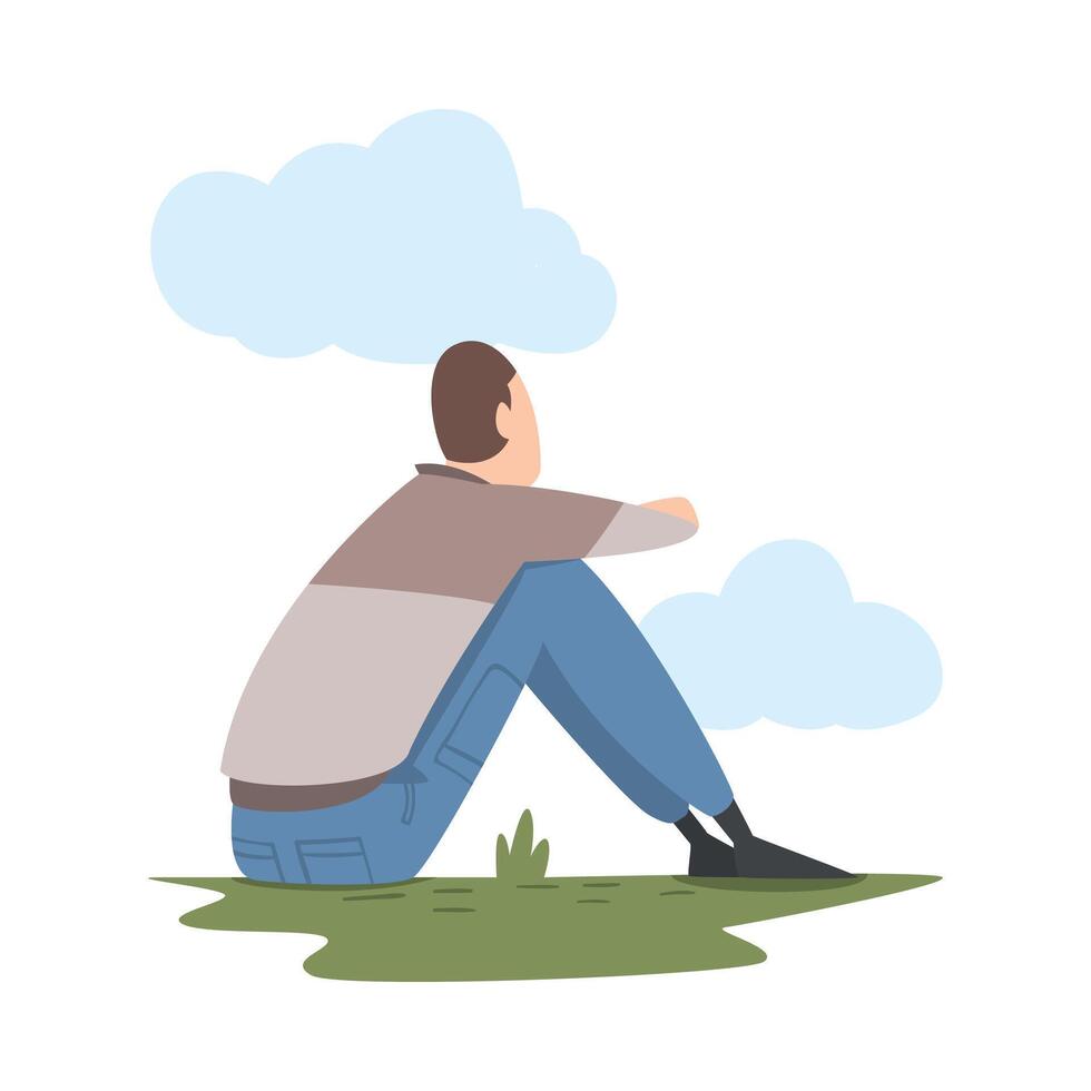 Male Sitting on Grass and Looking Ahead as into Bright Future Illustration vector