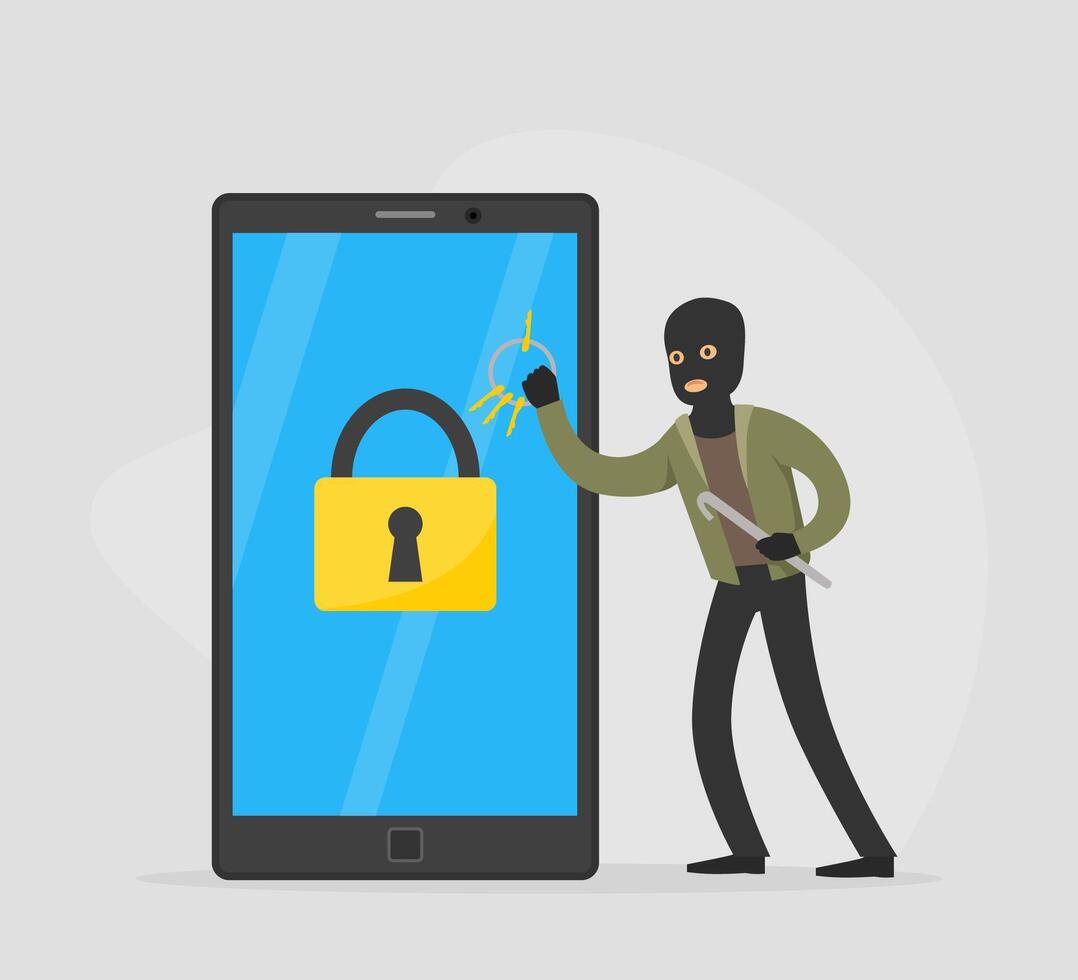 Male Burglar Hacking Smartphone and Stealing Personal Information from Laptop Phone, Lawless Criminal Scene Flat Illustration vector