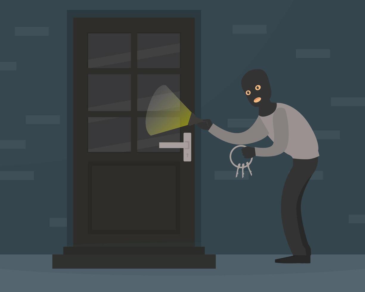 Male Burglar in Balaclava Committing Robbery, Theft Trying to Unlock Door with Lock Pick Breaking in House, Criminal Scene Flat Illustration vector